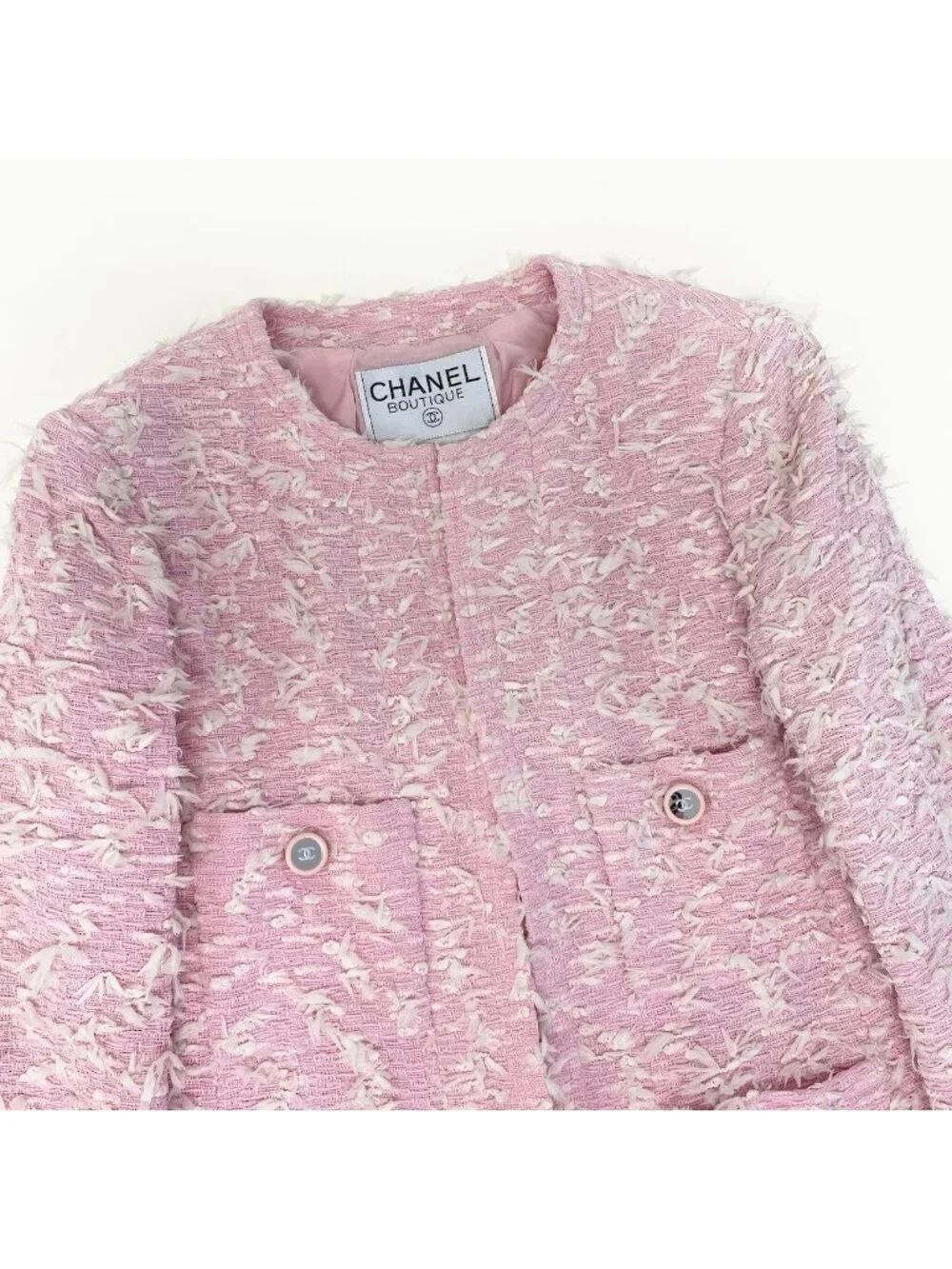 Chanel Boutique Fancy Tweed Jacket Pockets CC Logo Mirror Button Pink
